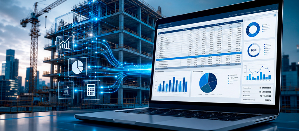 Edifício em construção conectado digitalmente a um notebook que exibe uma planilha orçamentária, gráficos e indicadores de custos.
