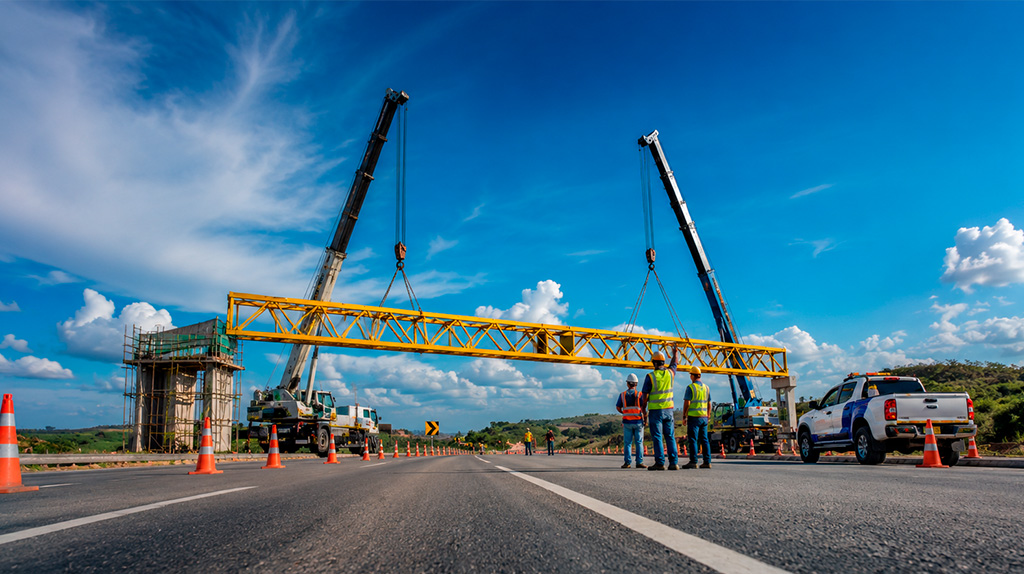 Obra rodoviária com guindastes instalando estrutura metálica sobre a pista, com equipe técnica e veículo do DNIT no local.