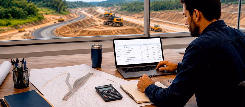 Profissional de engenharia analisando orçamento de obra de infraestrutura em um notebook, com plantas técnicas e documentos sobre a mesa.