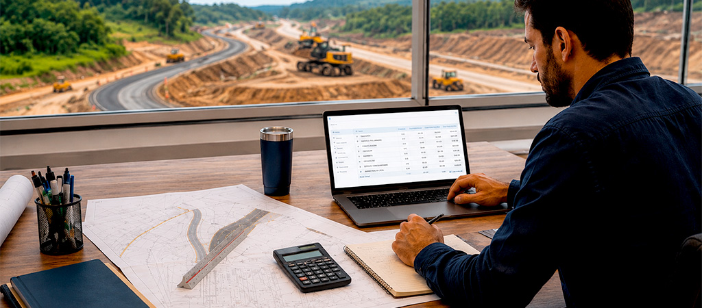 Profissional de engenharia analisando orçamento de obra de infraestrutura em um notebook, com plantas técnicas e documentos sobre a mesa.