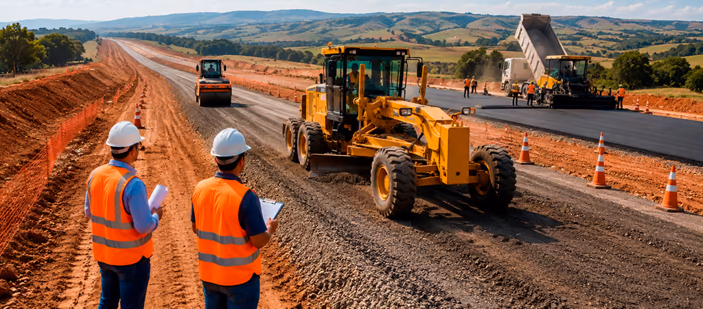 Obra rodoviária em execução com máquinas de terraplenagem, equipe técnica e sinalização de segurança no canteiro.