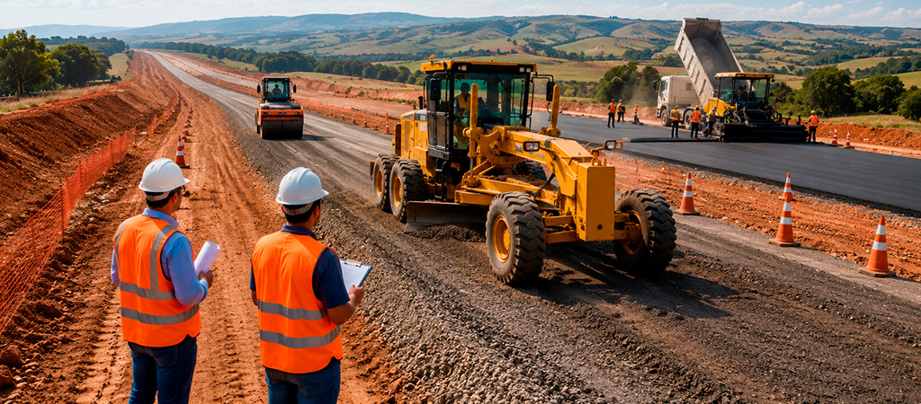 Obra rodoviária em execução com máquinas de terraplenagem, equipe técnica e sinalização de segurança no canteiro.
