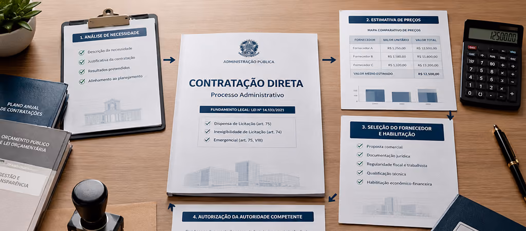 Processo de dispensa de licitação com planejamento, estimativa de preços, escolha do fornecedor e autorização da contratação.