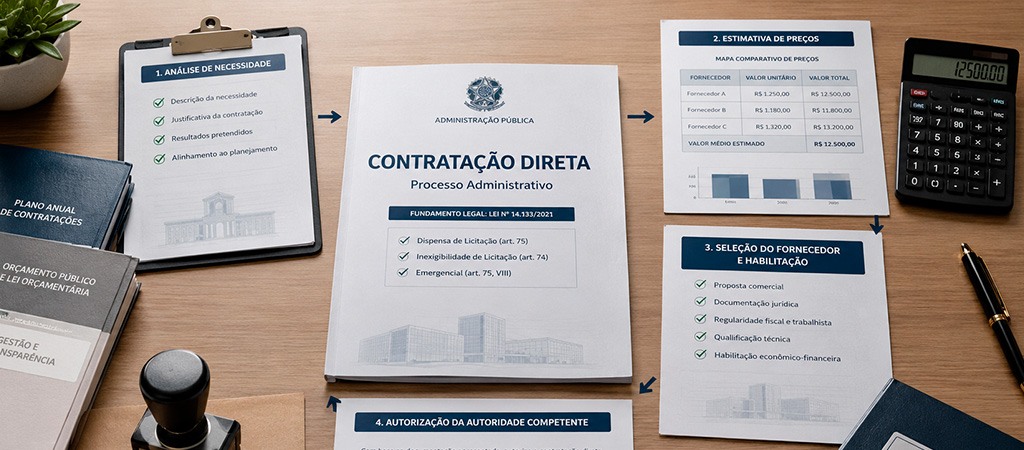 Processo de dispensa de licitação com planejamento, estimativa de preços, escolha do fornecedor e autorização da contratação.
