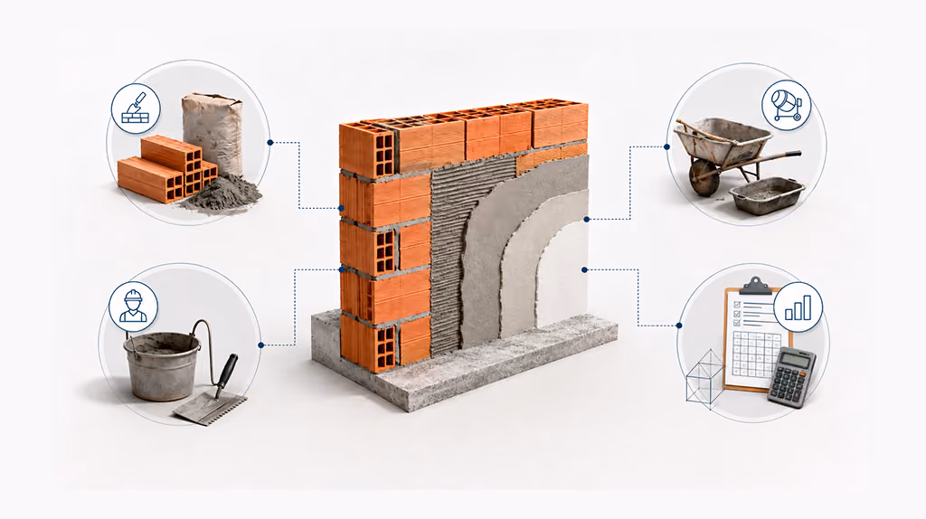 Imagem conceitual mostrando uma composição de preços unitários aberta em camadas de materiais, mão de obra, equipamentos e coeficientes.