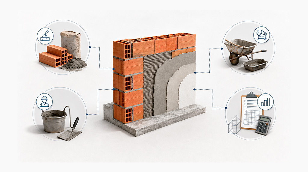 Imagem conceitual mostrando uma composição de preços unitários aberta em camadas de materiais, mão de obra, equipamentos e coeficientes.