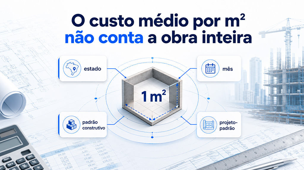 Imagem conceitual mostrando o CUB como custo médio por metro quadrado, relacionado a estado, mês, padrão construtivo e projeto padrão.