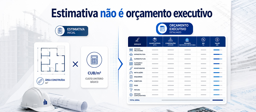 Comparativo visual entre cálculo estimativo por CUB e orçamento executivo com serviços, quantitativos, composições, insumos e BDI.