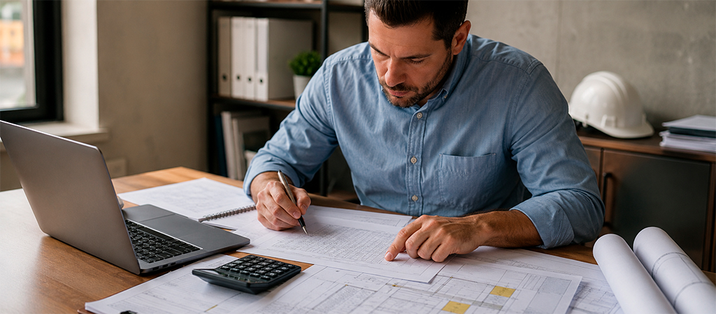 Profissional sentado à mesa analisando documentos e planilhas de orçamento de obra, com notebook, calculadora e capacete ao fundo.