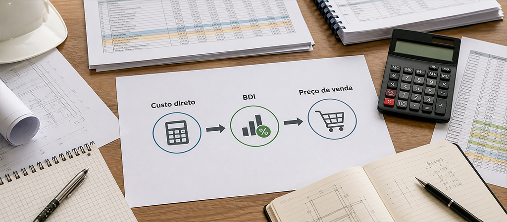 Folha sobre mesa de trabalho com três ícones e títulos “Custo direto”, “BDI” e “Preço de venda”, cercada por planilhas, calculadora, cadernos e documentos técnicos.