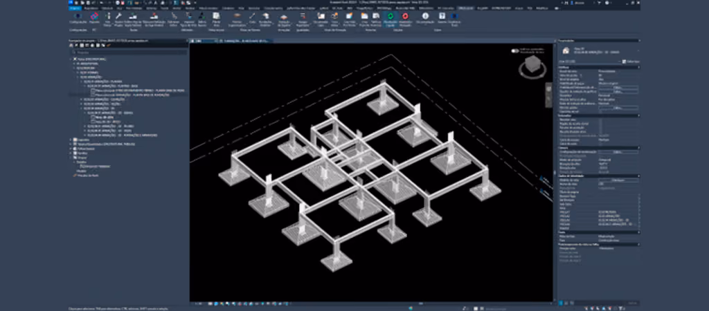 Modelo BIM estrutural com conjunto de sapatas isoladas, vigas de ligação e armaduras integradas à geometria de concreto.