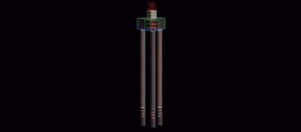 Modelo 3D de estacas armadas conectadas ao bloco de coroamento, permitindo visualizar continuidade das armaduras e sequência de montagem.