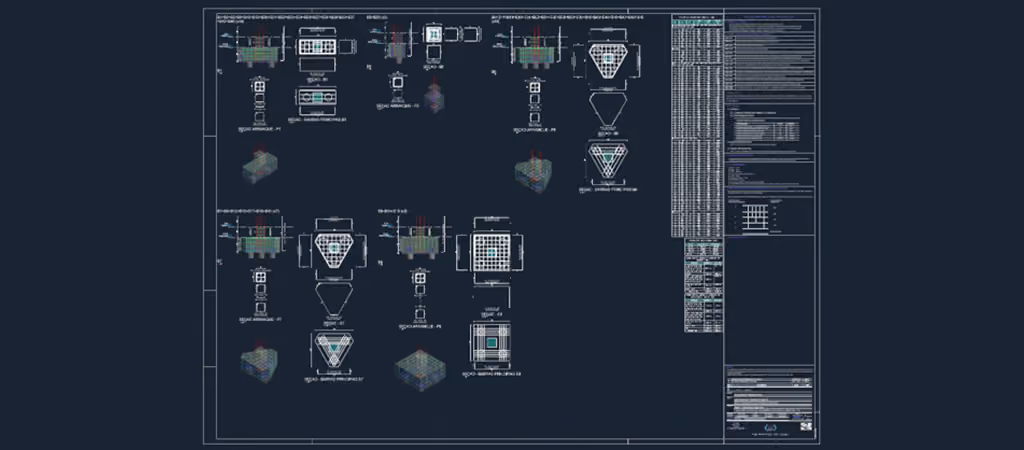 Prancha final de blocos de coroamento com vistas, cortes, tabelas e detalhes de armaduras produzidos a partir do modelo BIM.