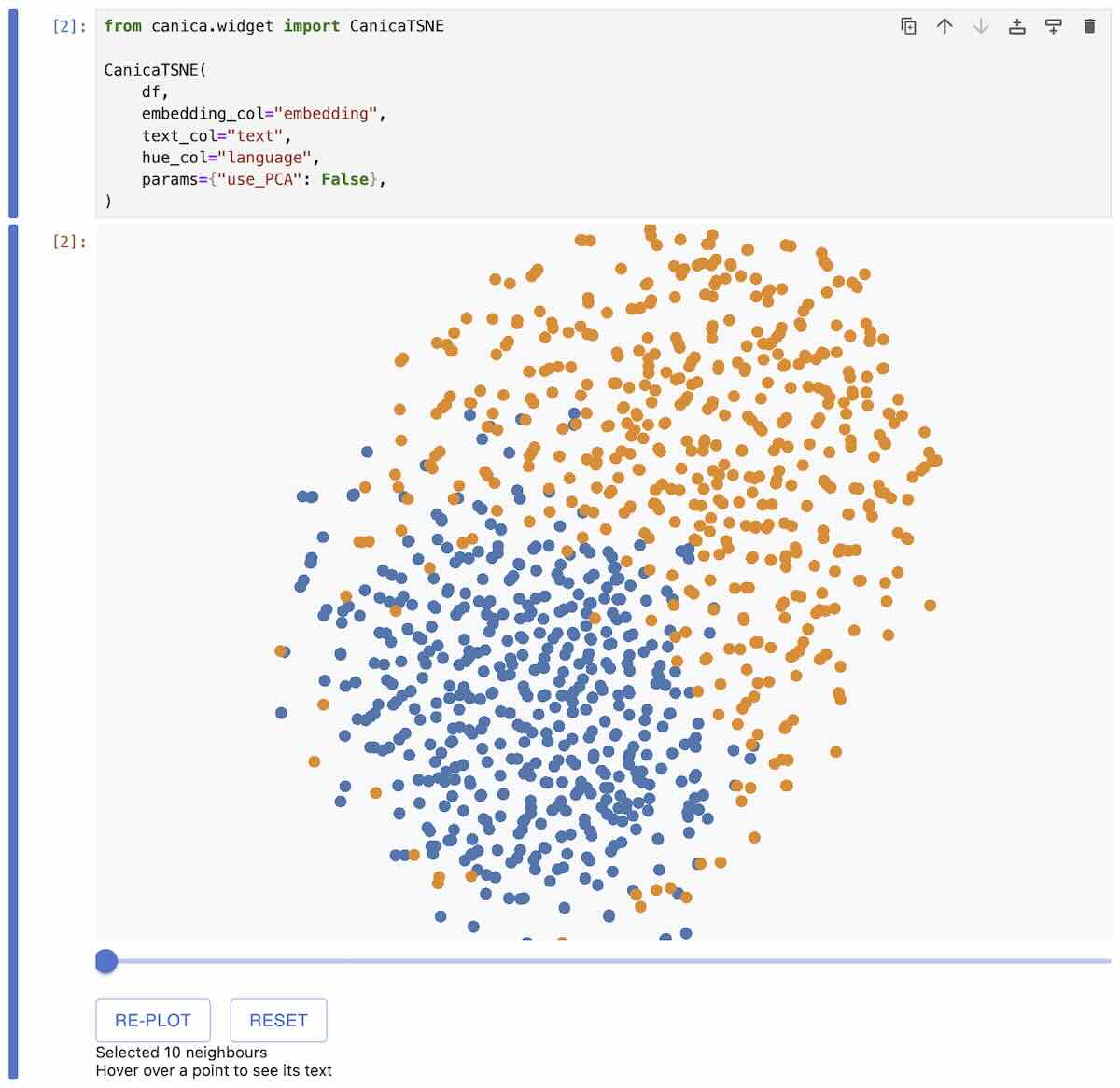Screenshot showing a text dataset visualization in canica