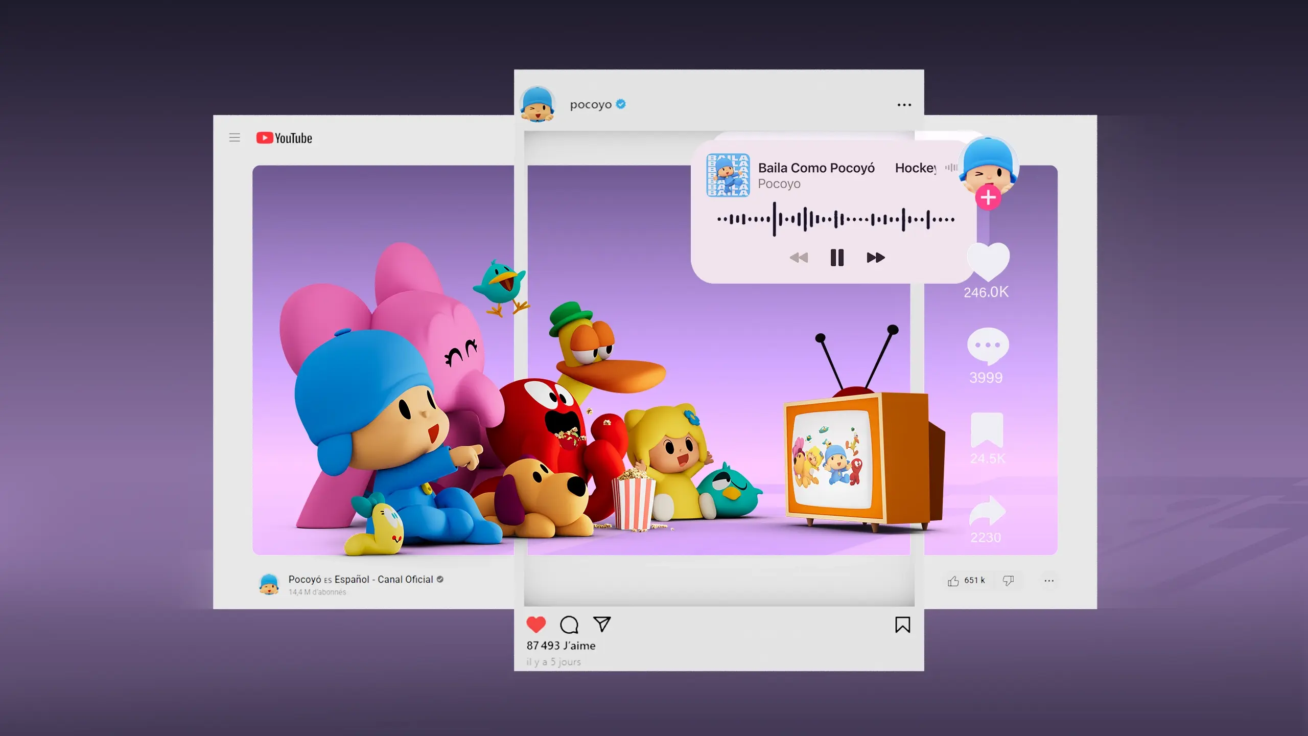 Pocoyo and friends watching TV with popcorn, shown inside overlapping social media frames.