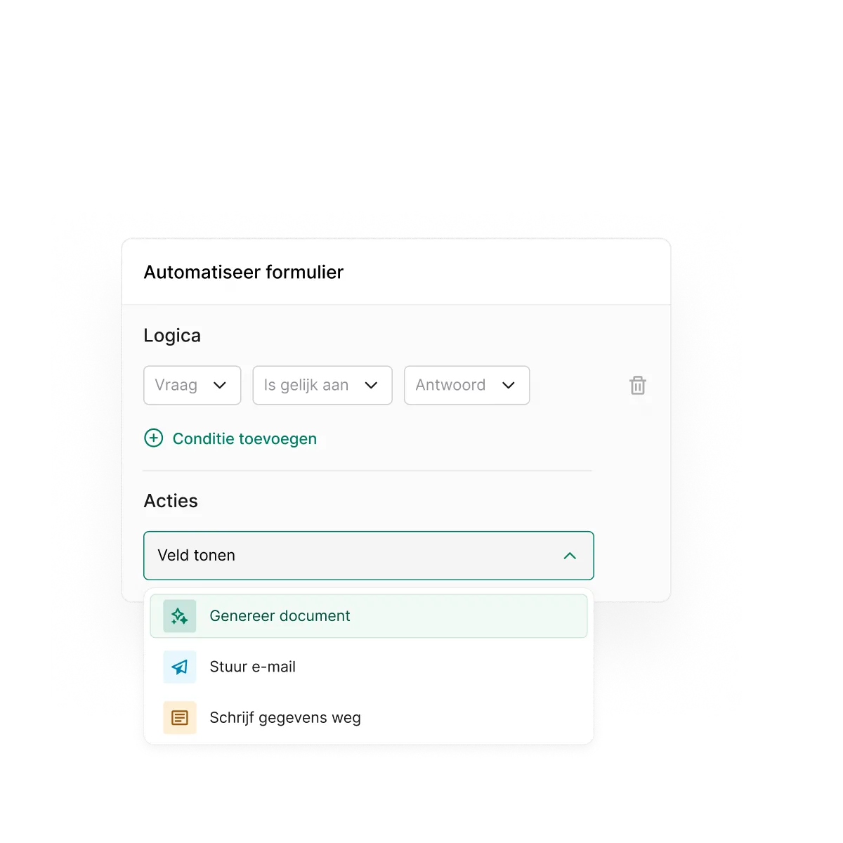 Afbeelding die voorbeelden laat zien van automatische acties die je in TriplEforms kan instellen, zoals document genereren of gegevens wegschrijven.