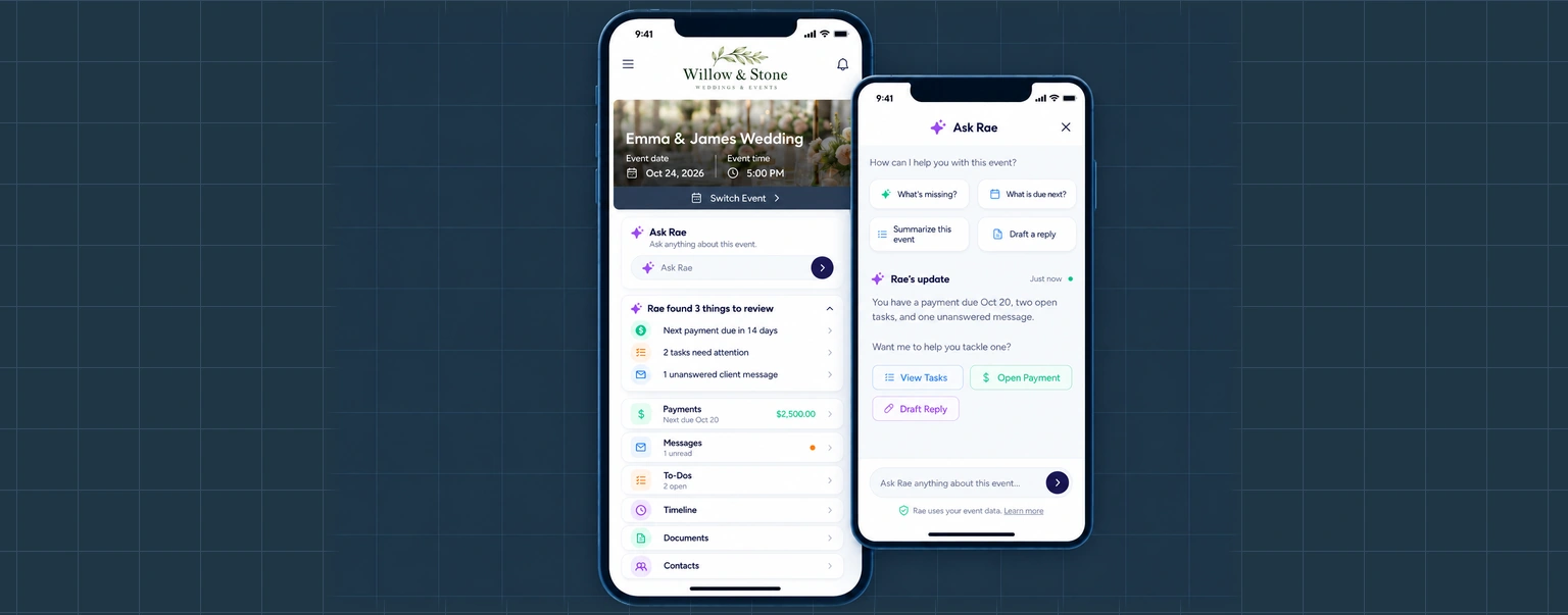 Mobile event portal with a Rae planning update and links to tasks and payments.
