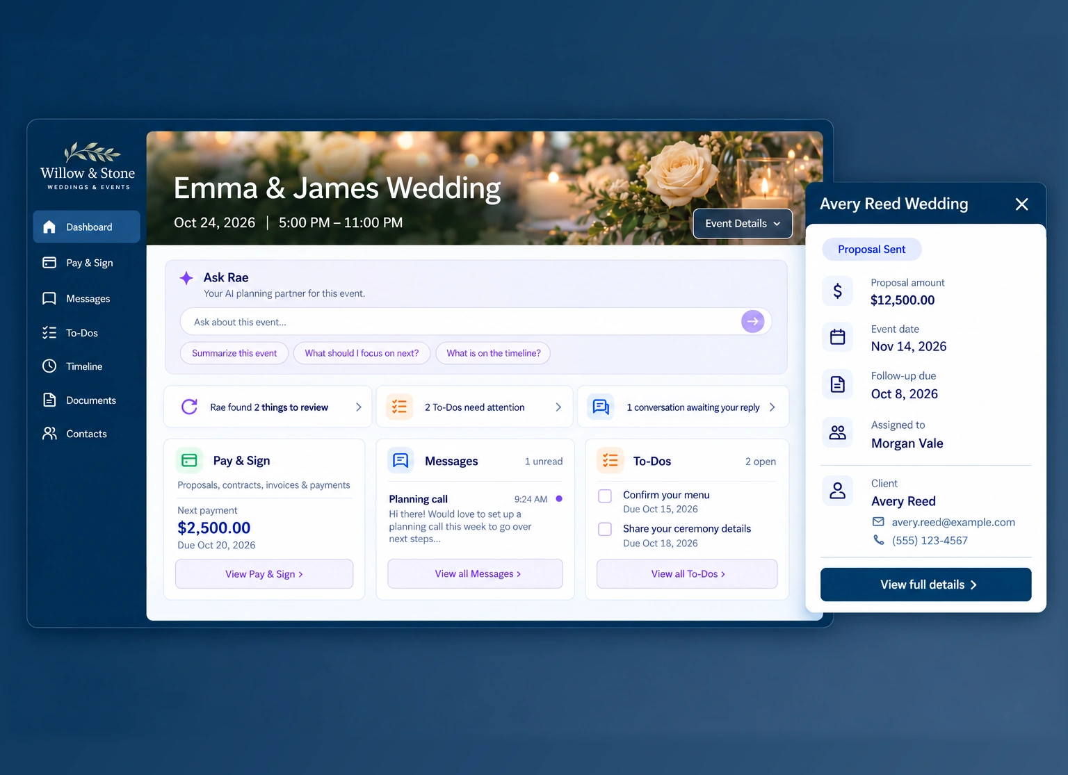 Releventful event portal with sales, payments, and planning details for a fictional venue.