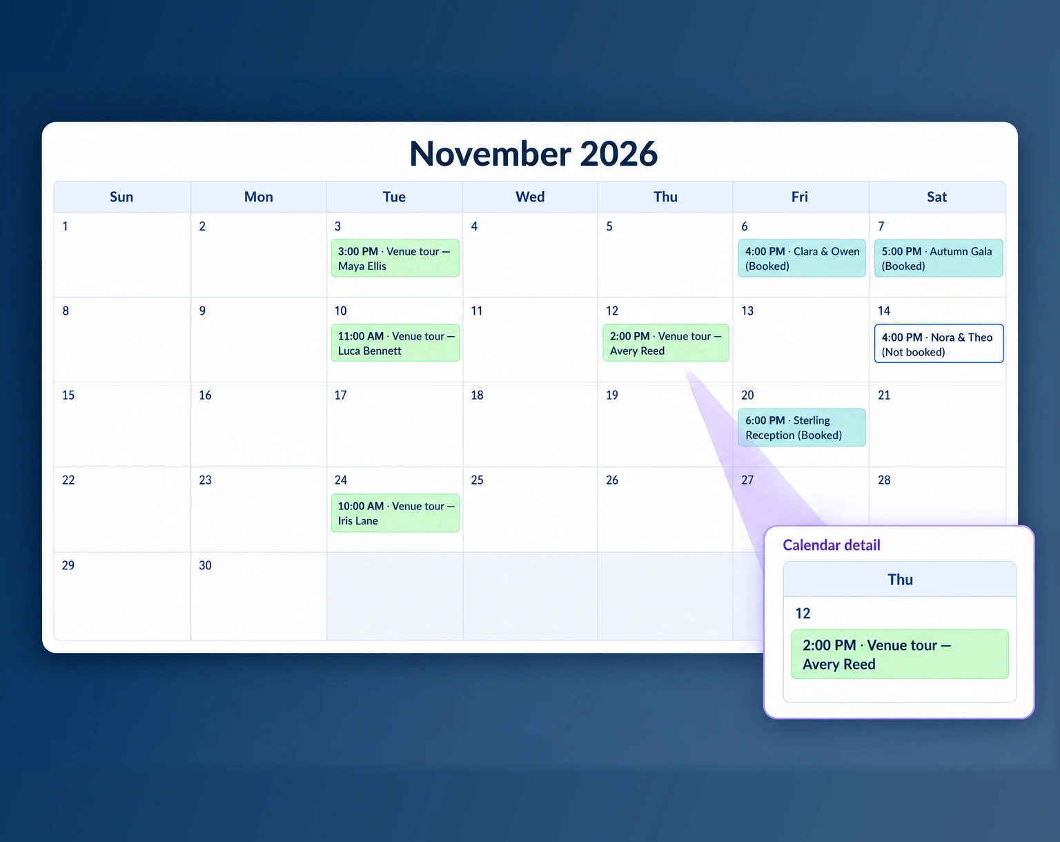 November 2026 event calendar with booked events, inquiries and venue tours.