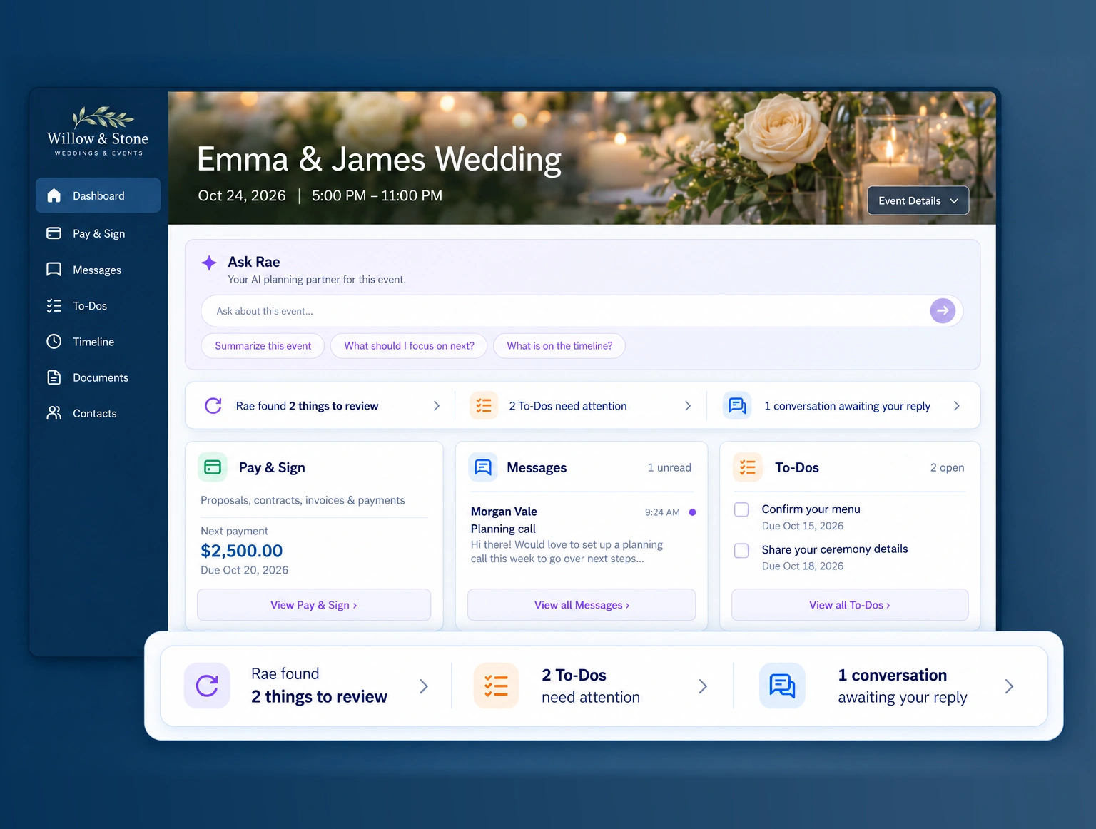 Client event portal with payments, messages, to-dos and Ask Rae in one place.