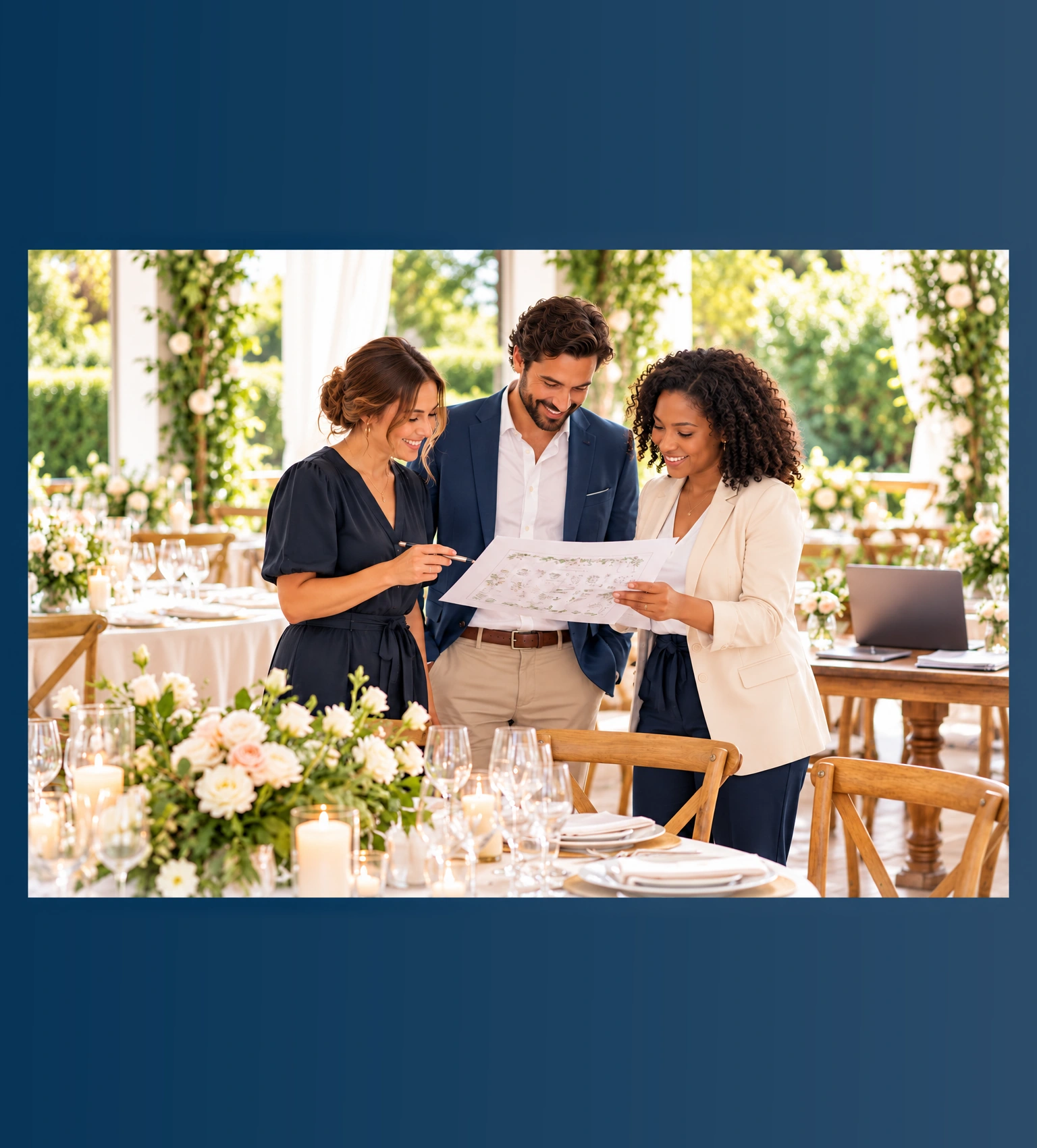 Event venue team reviewing a wedding setup in a bright ballroom.