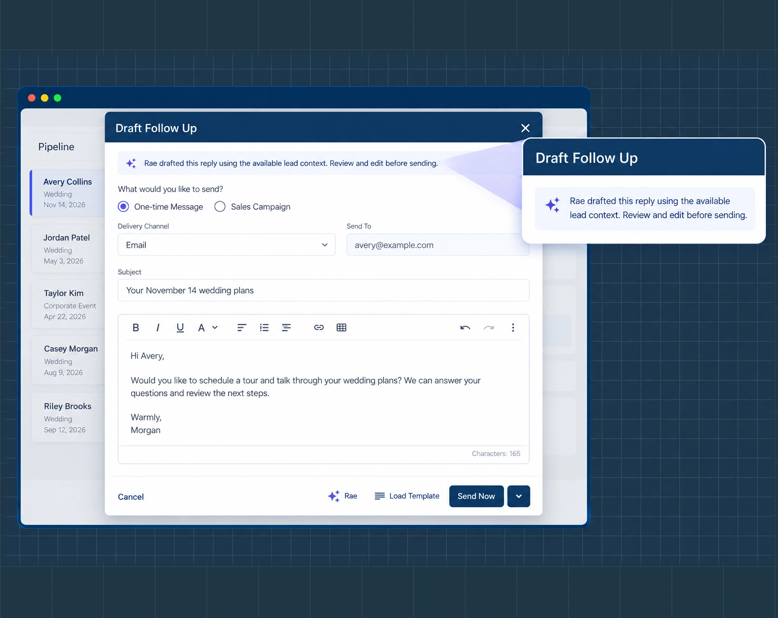 Rae email follow-up draft with a reminder to review and edit before sending.