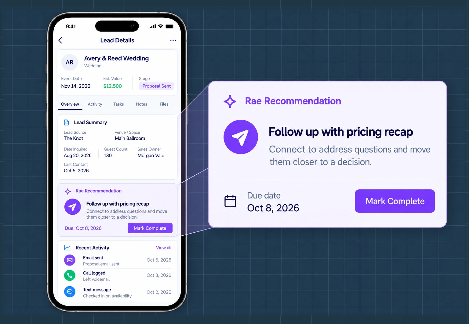 Mobile lead record with event details, follow-up task, and recent activity.