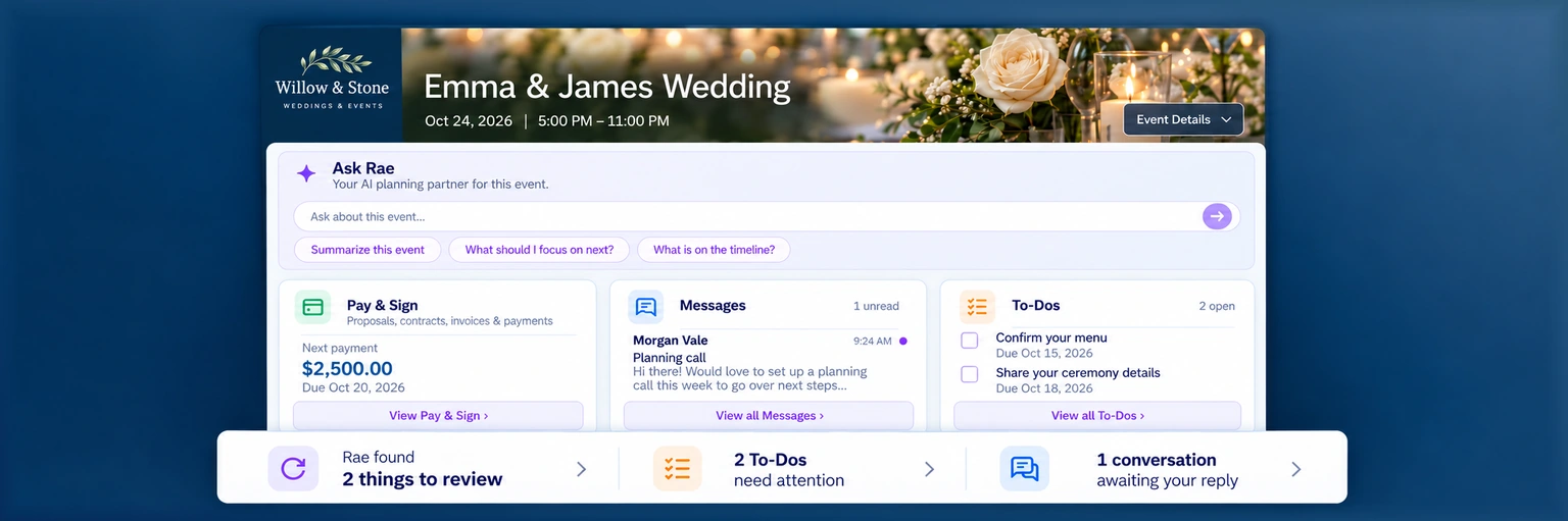 A branded client event portal with planning, payment, and communication details.