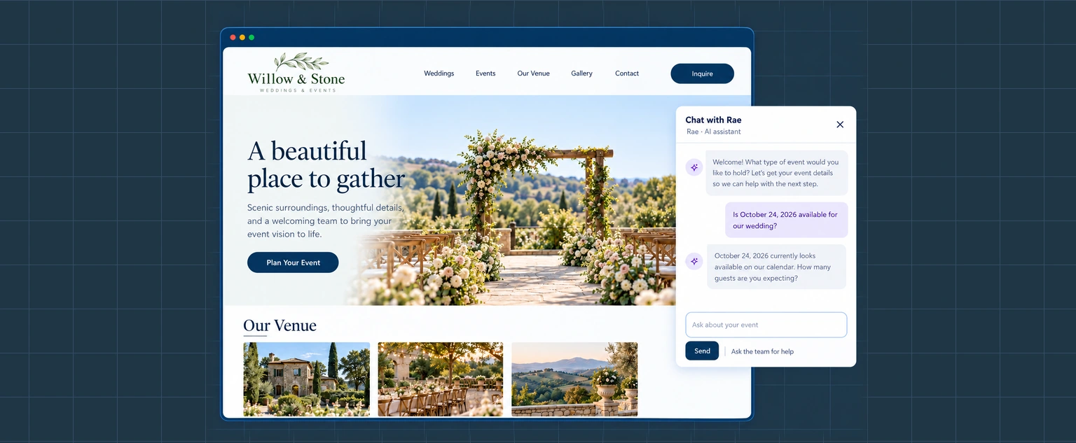 Rae website chat answering a wedding date inquiry on a fictional venue website.