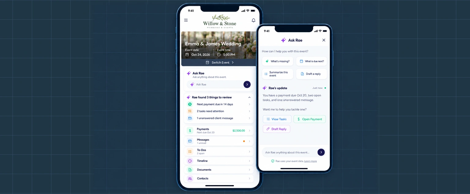 Mobile event portal with a Rae planning update and links to tasks and payments.