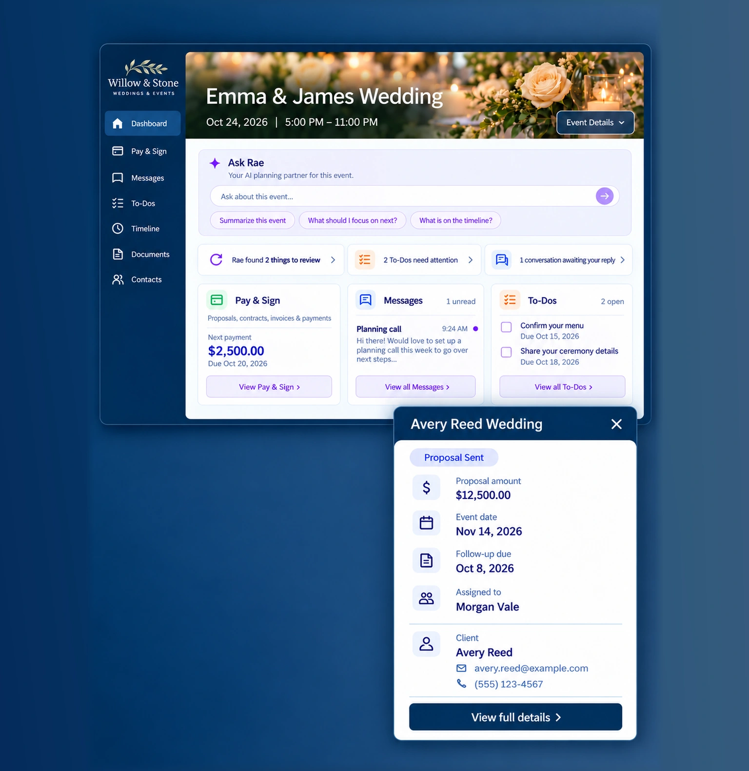 Releventful event portal with sales, payments, and planning details for a fictional venue.