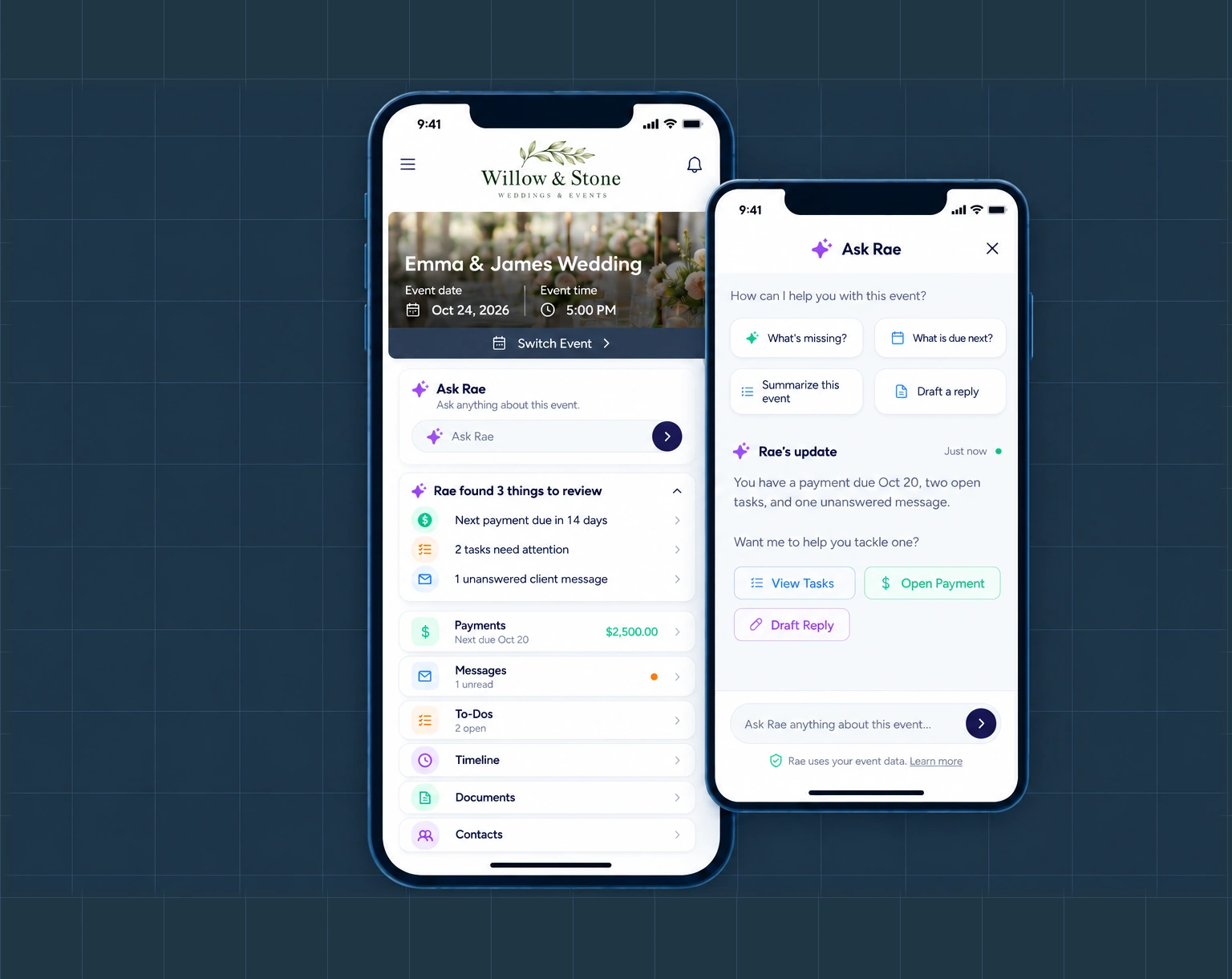 Mobile event portal with a Rae planning update and links to tasks and payments.
