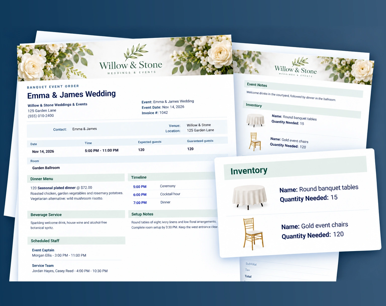 Banquet event order inventory detail with round table and gold chair images and required quantities.