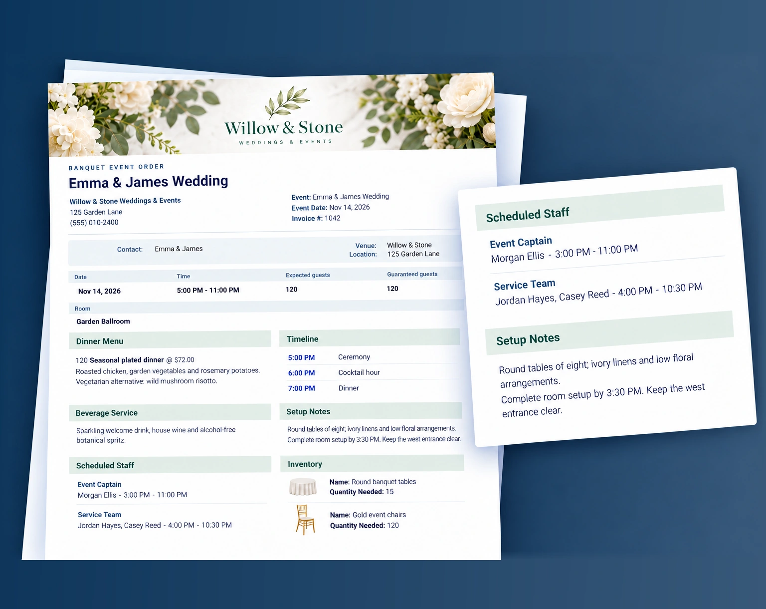 Banquet event order with scheduled staff hours and room setup notes highlighted.