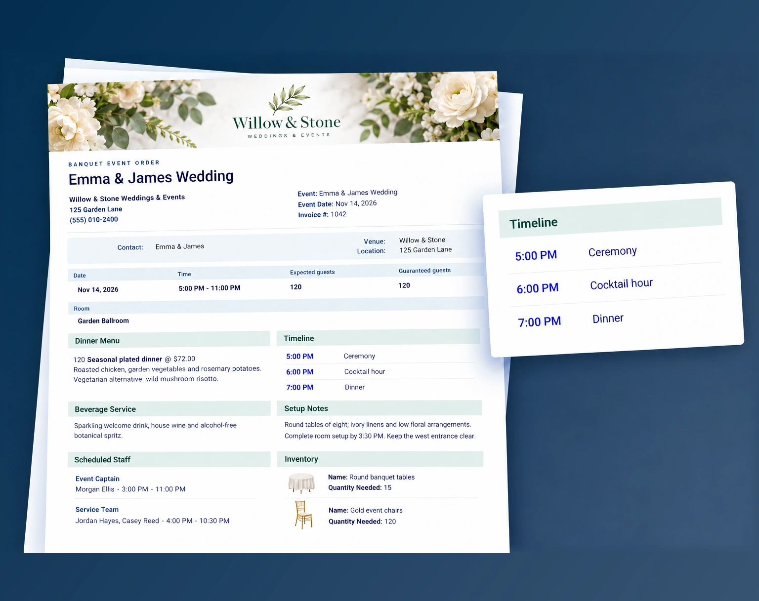 Branded banquet event order with menu, timeline, setup notes, scheduled staff and inventory for a fictional wedding.