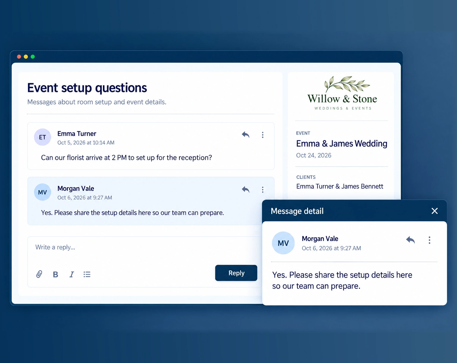 Event setup conversation with a client and a magnified message detail.