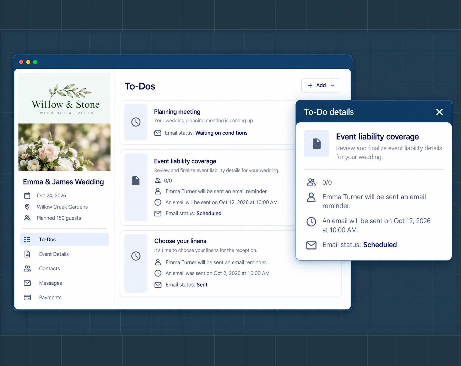 Event planning to-dos with scheduled, sent and waiting reminder statuses.