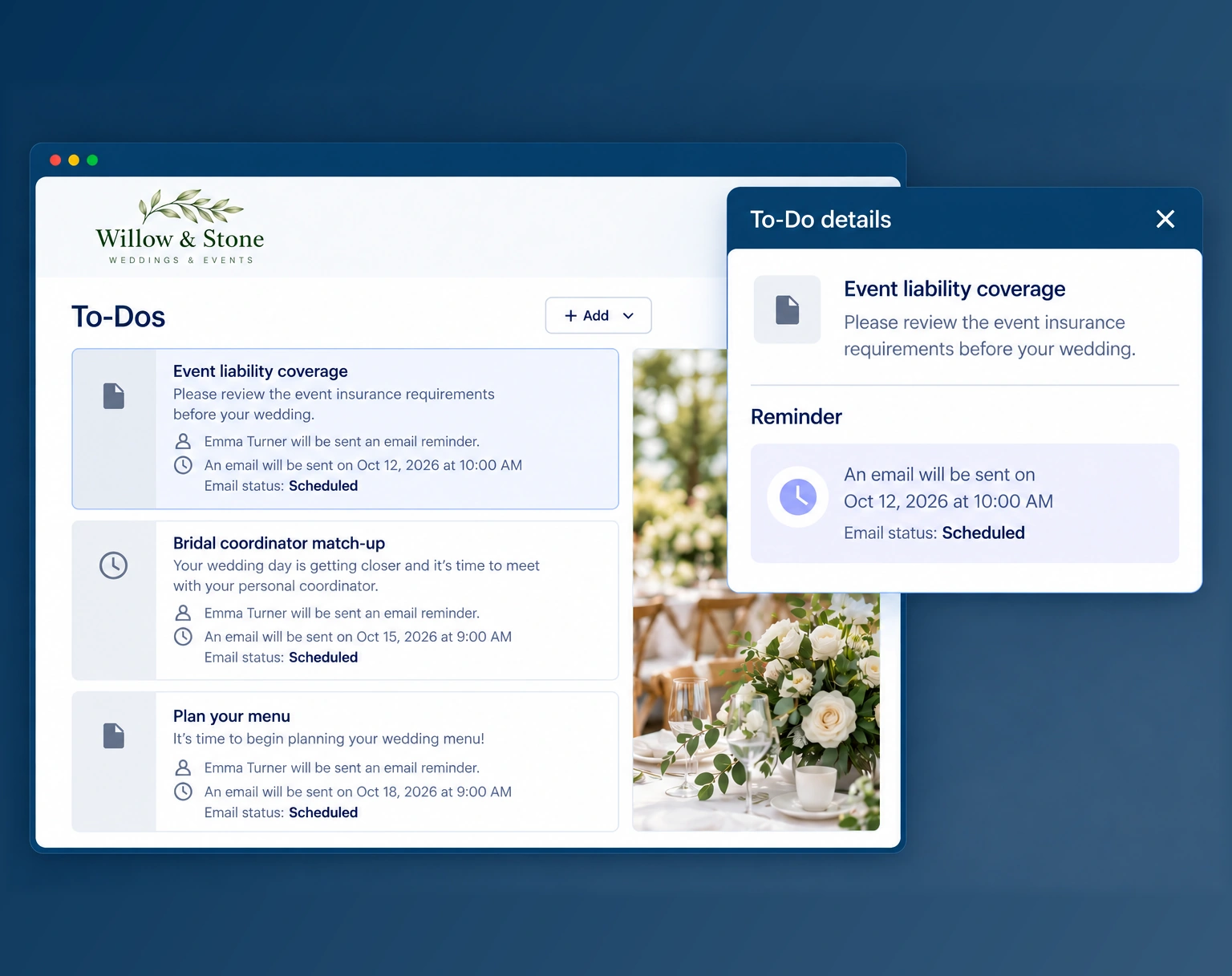 Event liability coverage to-do with a scheduled client reminder.
