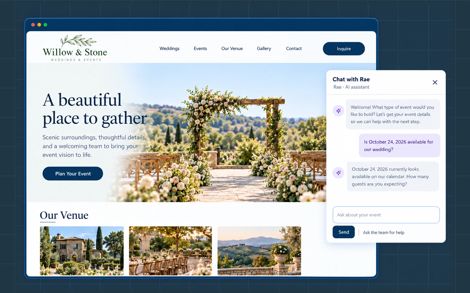 Rae website chat answering a wedding date inquiry on a fictional venue website.