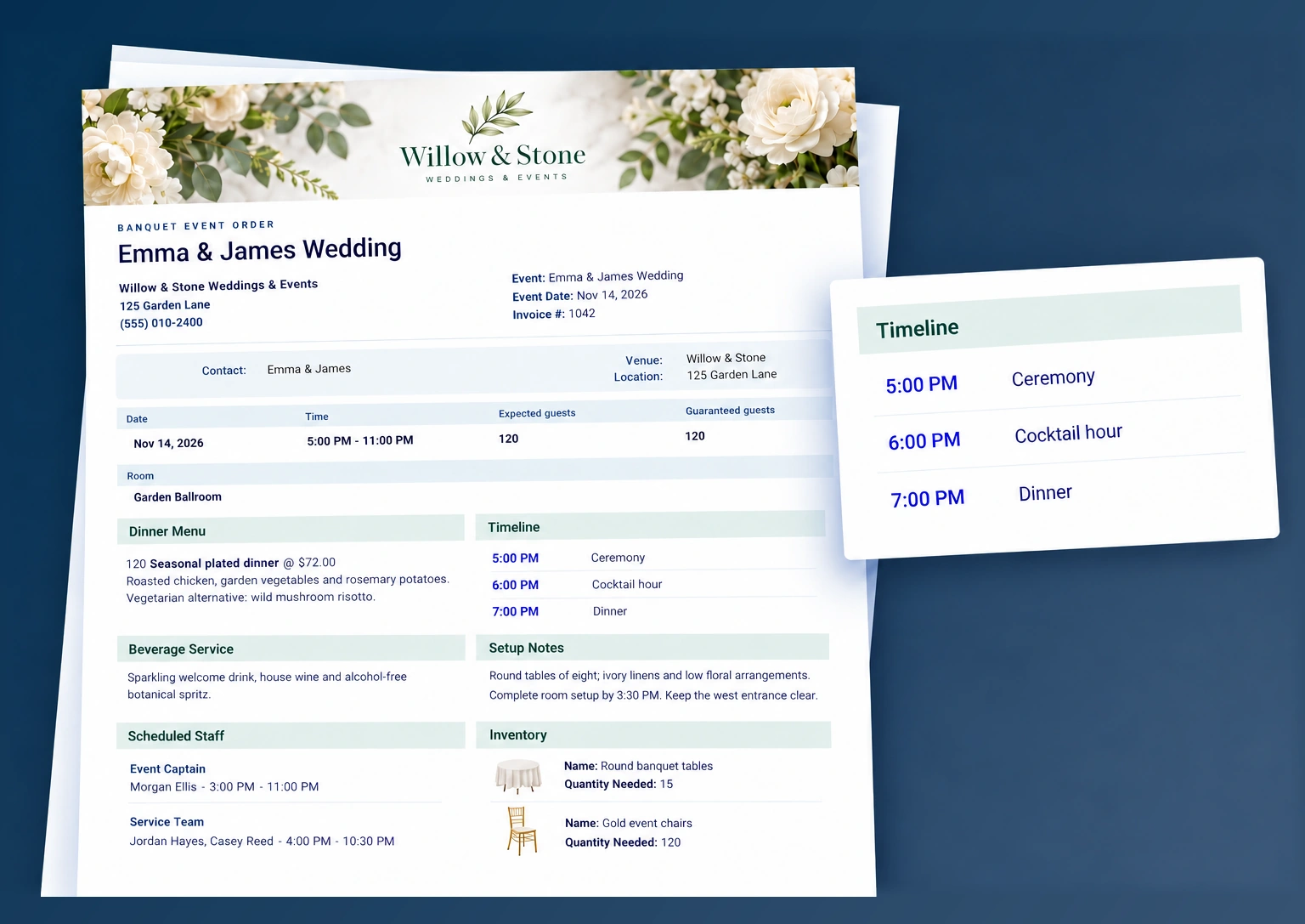 Branded banquet event order with menu, timeline, setup notes, scheduled staff and inventory for a fictional wedding.