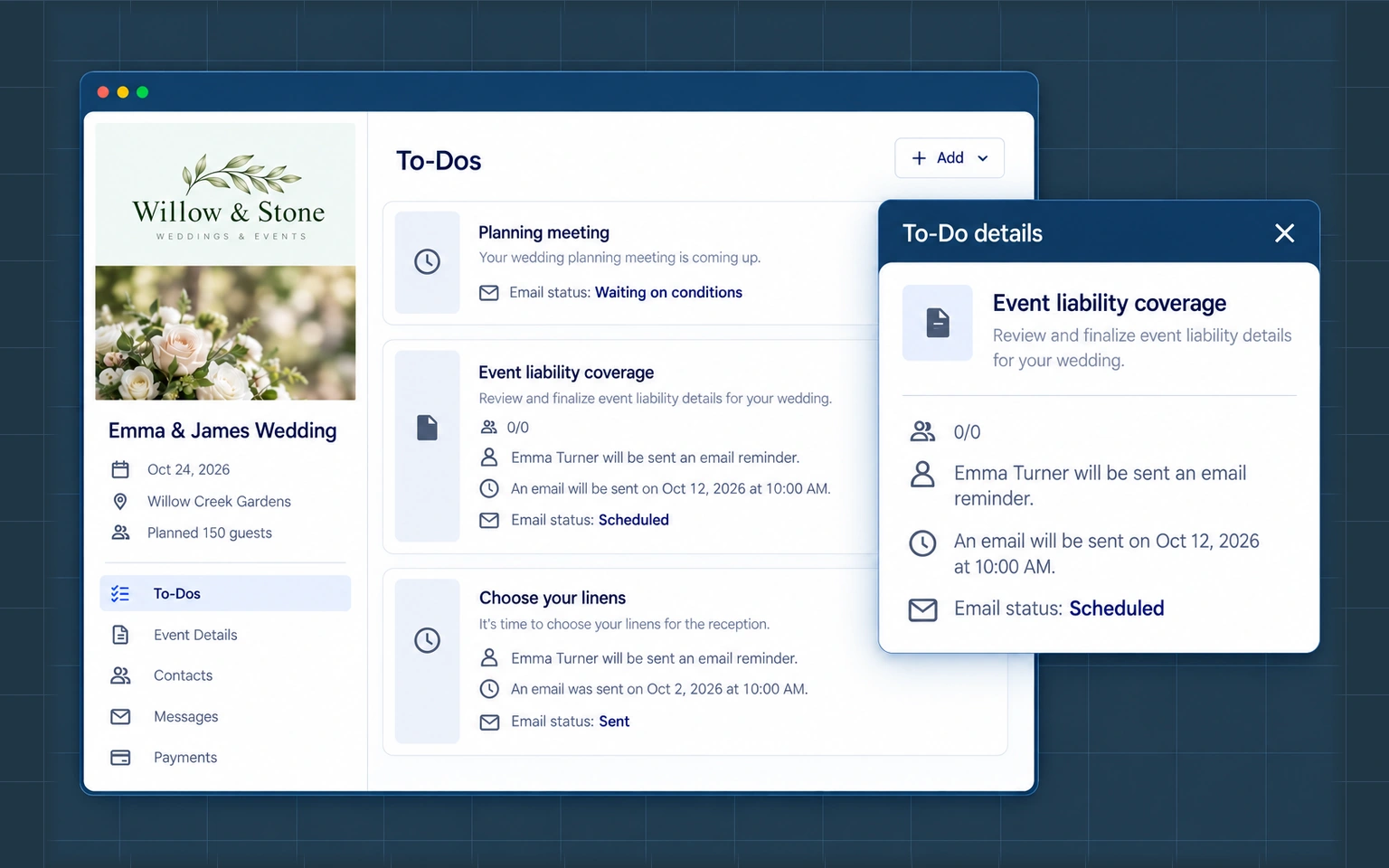 Event planning to-dos with scheduled, sent and waiting reminder statuses.