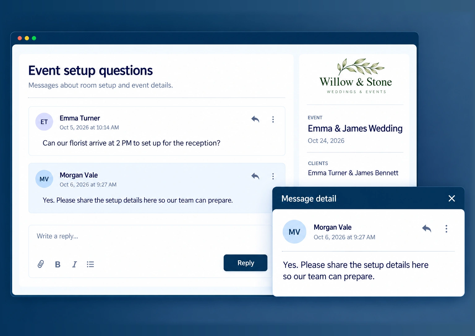 Event setup conversation with a client and a magnified message detail.