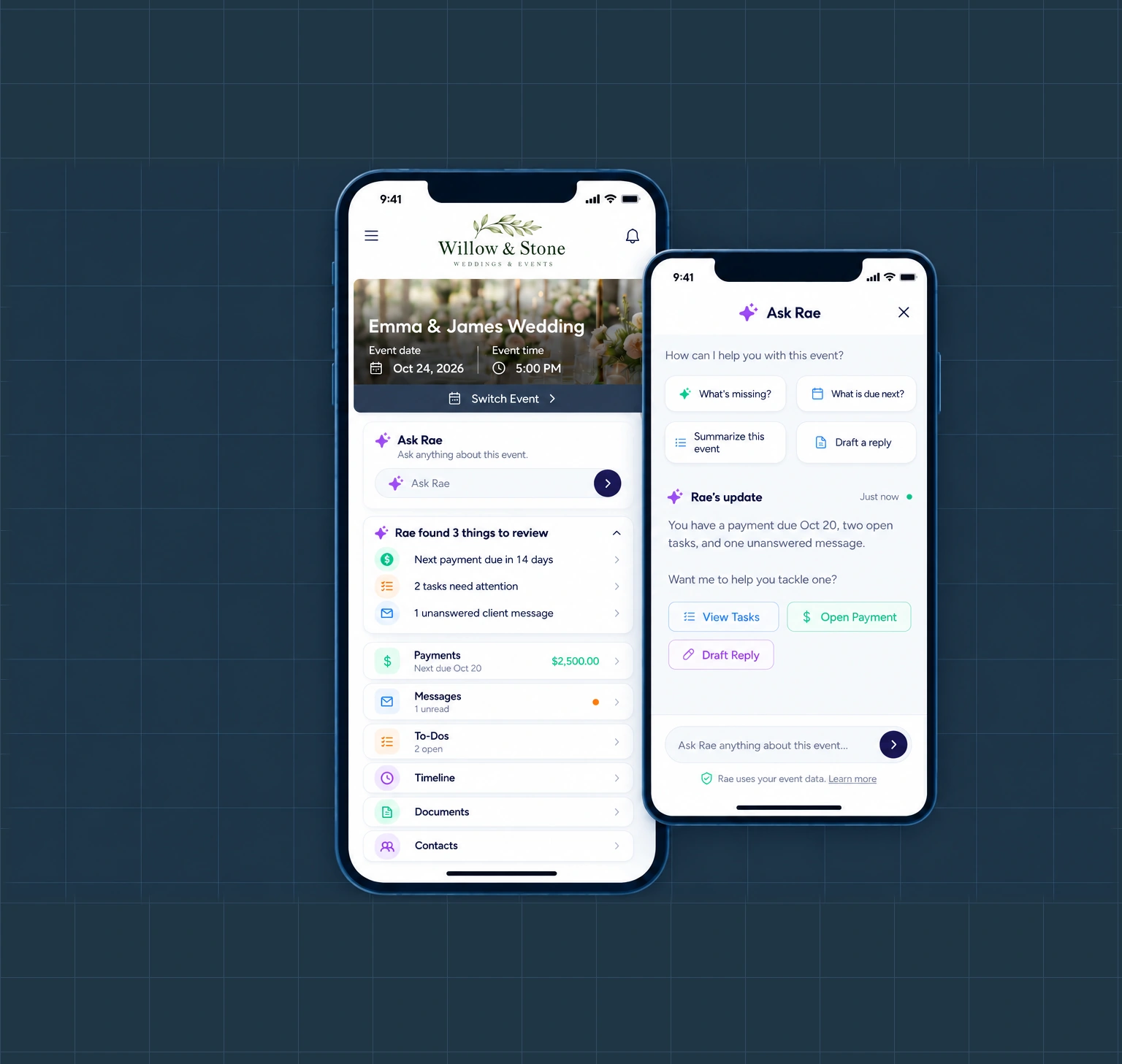 Mobile event portal with a Rae planning update and links to tasks and payments.