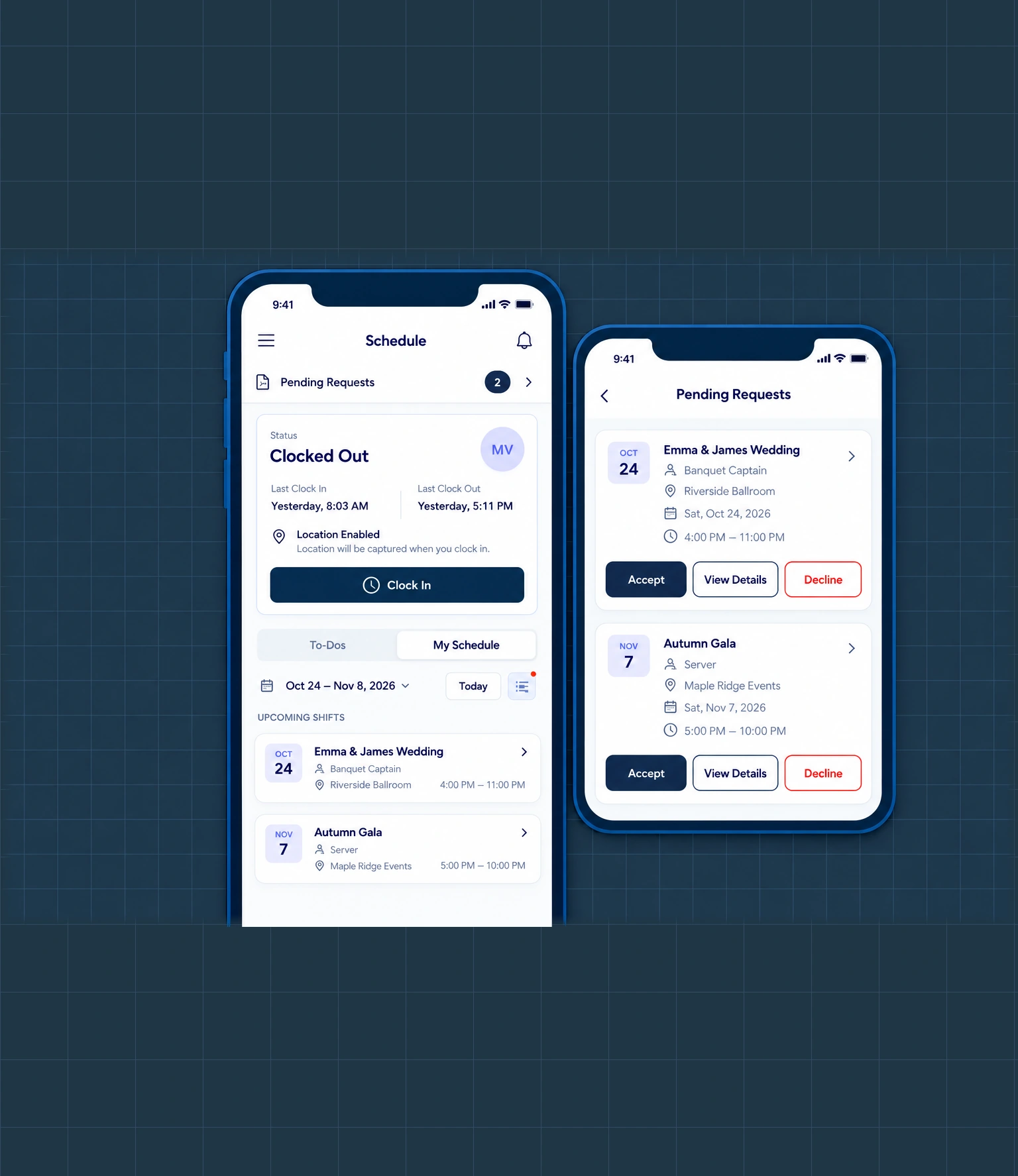 Mobile schedule with upcoming event shifts and pending shift requests.