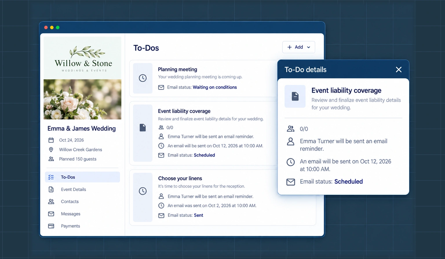Event planning to-dos with scheduled, sent and waiting reminder statuses.