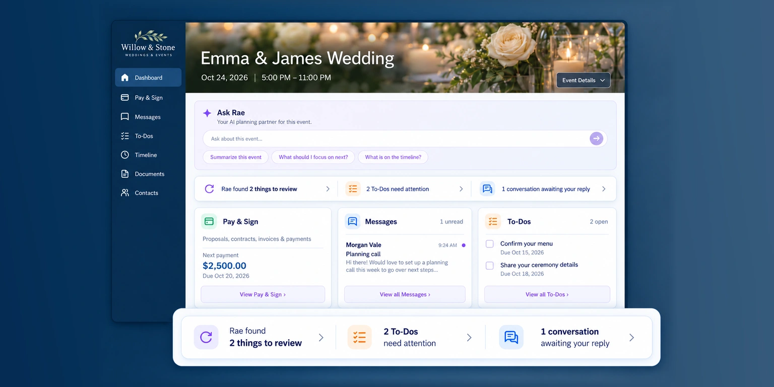 Client event portal with payments, messages, to-dos and Ask Rae in one place.