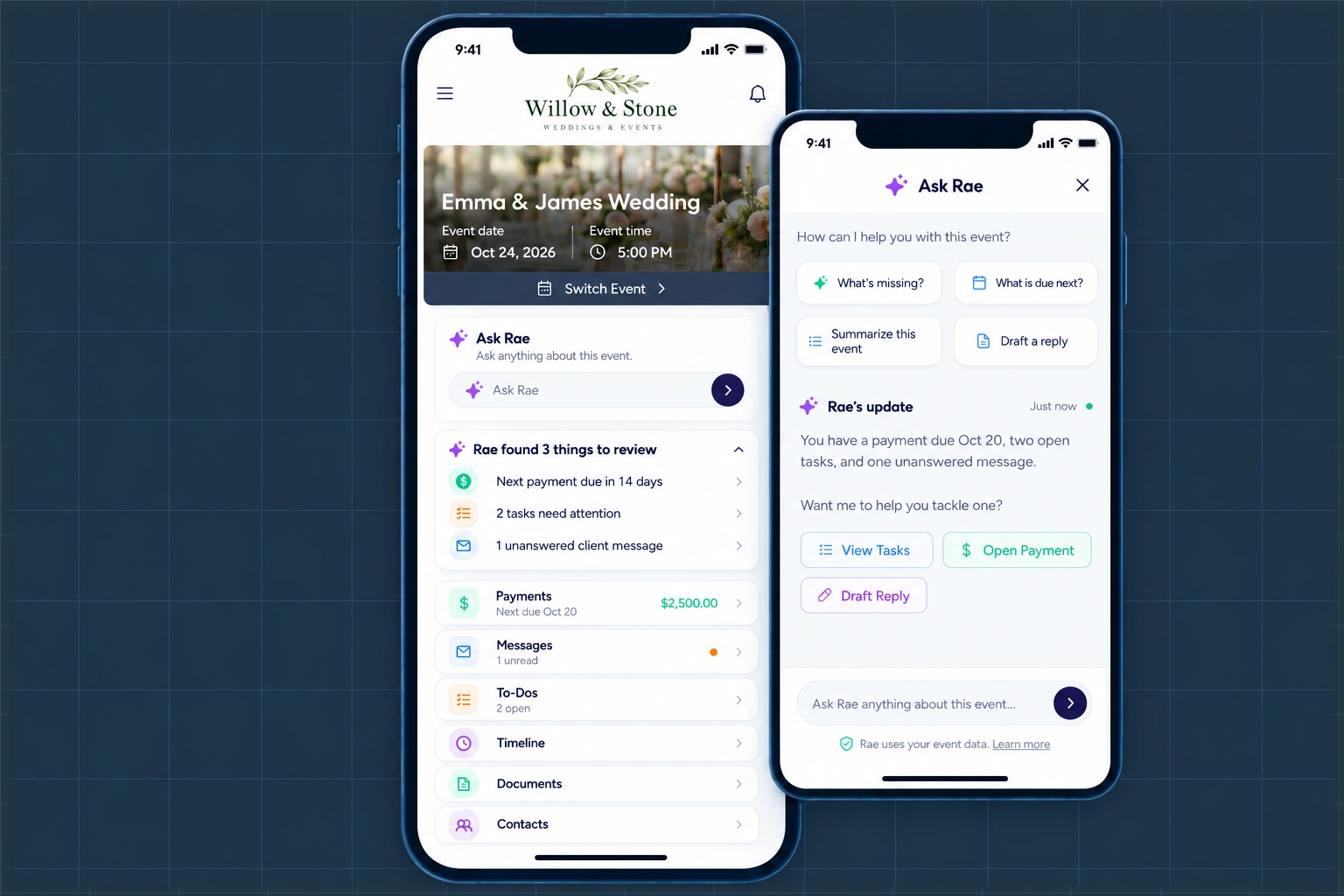 Mobile event portal with a Rae planning update and links to tasks and payments.