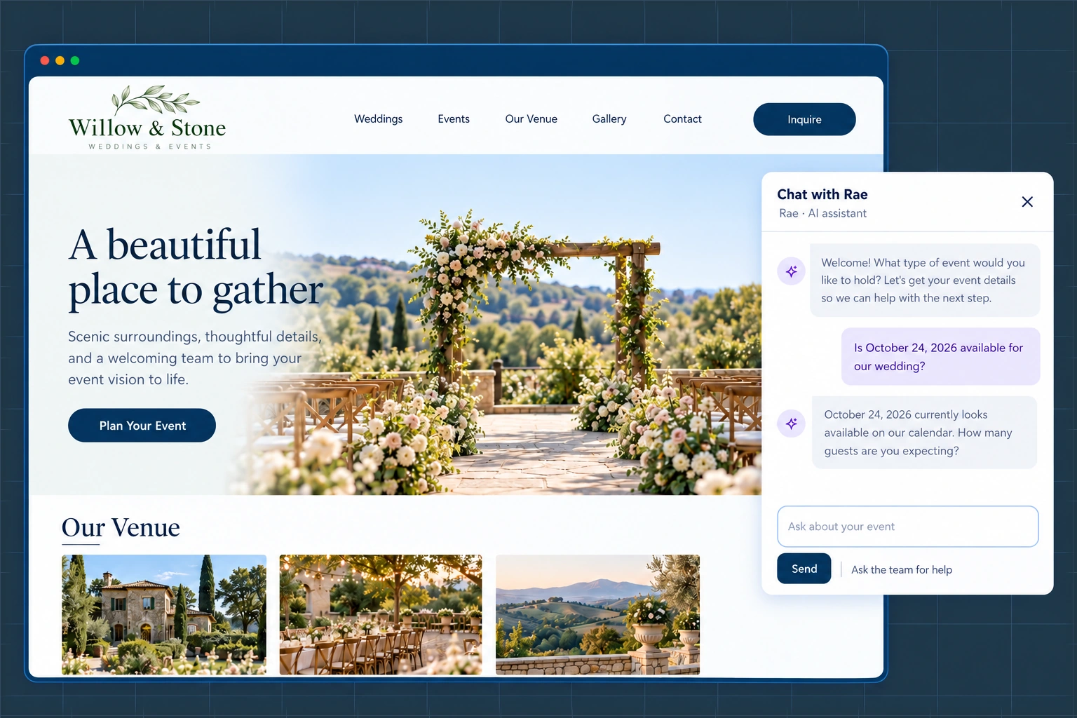 Rae website chat answering a wedding date inquiry on a fictional venue website.