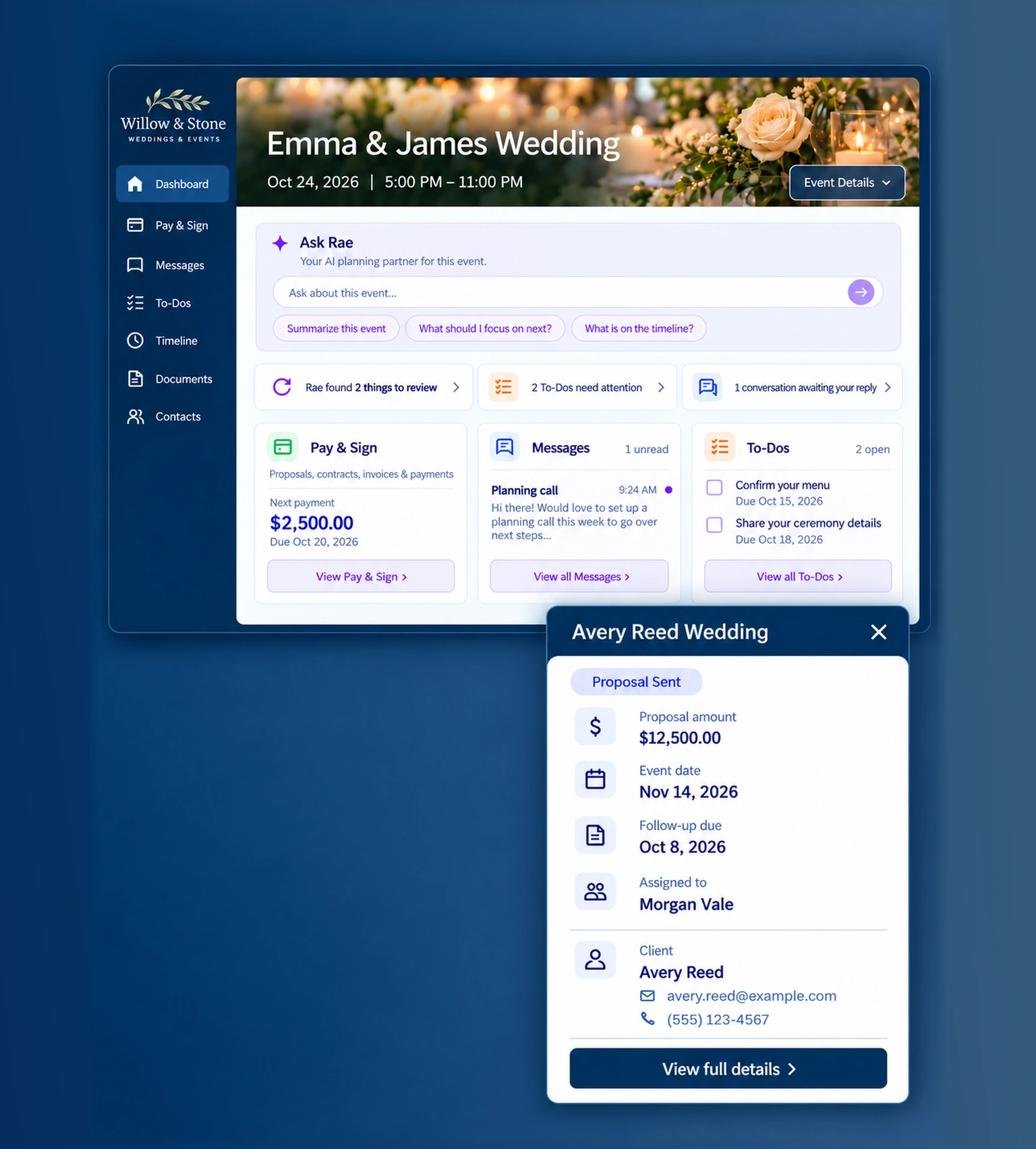 Releventful event portal with sales, payments, and planning details for a fictional venue.