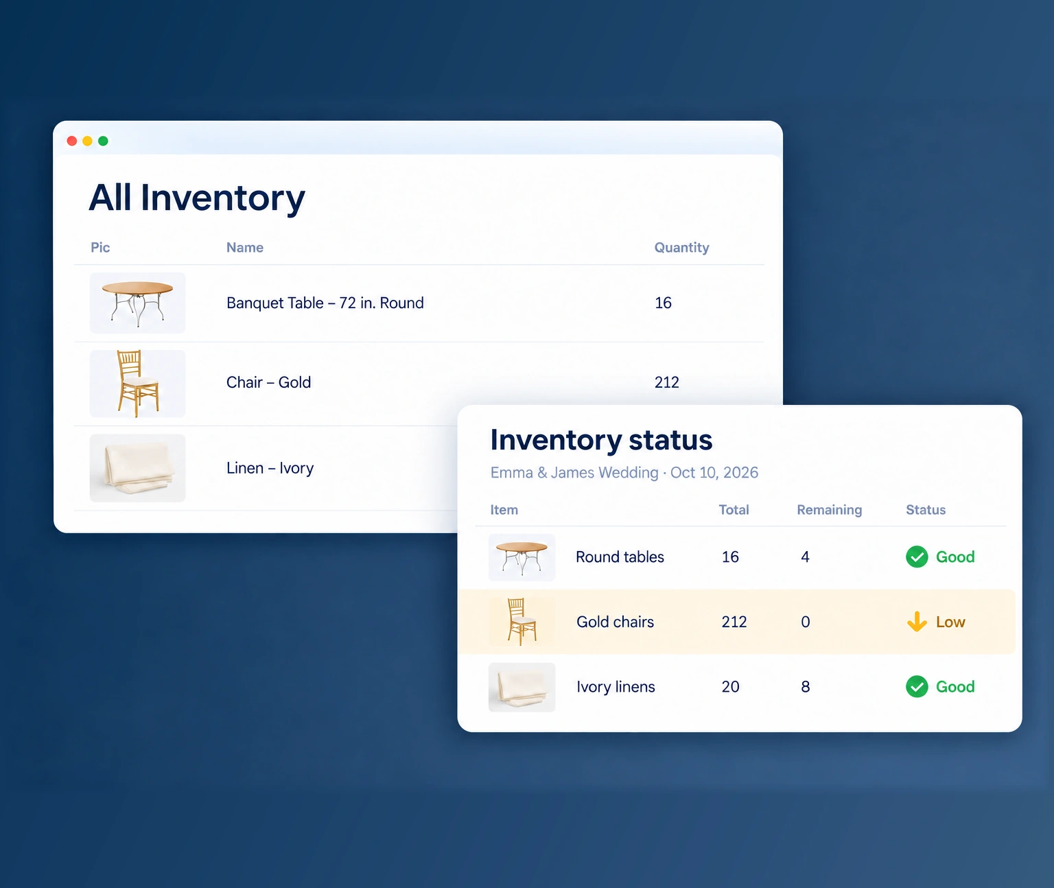Event inventory catalog with remaining stock and low-stock indicators.